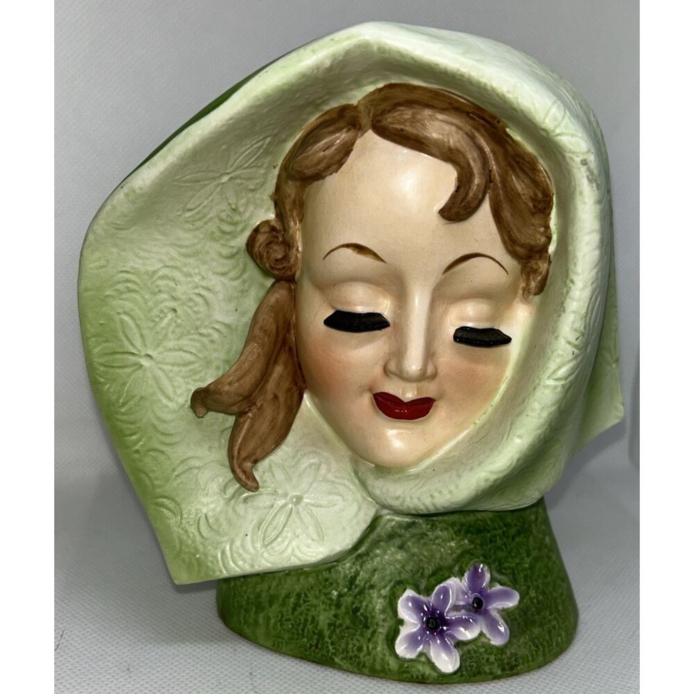 Rubens Lady head vase Green Cape Wrap Hood Japan 5.75"